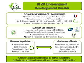 • Fabrication régionale de tous nos produits (Sud Ouest).
                    • Réduction des rejets de CO2. Transport réduit.
    • Site de fabrication certifié ISO 9001 (système qualité certifié) et ISO 14001.
                 • Site de fabrication évalué tous les ans par l’AFNOR.


                • En accord avec le cahier des charges EUROPEEN.
             • Une efficacité optimale pour l’ensemble de nos gammes.
                        • Gamme agréée contact alimentaire.
               • Respect de l’utilisateur (pas de symboles de danger).



Haute biodégradabilité                                     Prétraitement des eaux usées des
   Faible écotoxicité                                      bac à graisses, colonnes EU-EV,
Formulation concentrée                                            fosse septique etc…
Emballages recyclables                                         Formulation concentrée
 