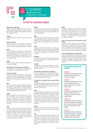 DOSSIER DE PRESSE ASSURANCE CHÔMAGE // NOVEMBRE 2015
14
DOSSIER DE PRESSE
Assurance chômage
Assurance chômage
Régime d’assurance obligatoire contre la perte invo-
lontaire d’emploi pour les salariés du privé et du public
(dans certaines conditions) dont la gestion est confiée
aux partenaires sociaux.
Acoss
Caisse centrale des organismes de Sécurité sociale,
Urssaf.
ADR
Aide différentielle de reclassement, accordée aux
demandeurs d’emploi de plus de 50 ans, ou indemni-
sés depuis au moins un an, qui reprennent une activité
dont la rémunération est inférieure d’au moins 15%
à la rémunération de leur emploi précédent, pour un
horaire équivalent. Cette aide n’existe plus depuis le
1er
avril 2015.
Allocataire de l’Assurance chômage
Un allocataire est une personne qui perçoit, au titre
d’une période, une allocation (ARE, ASP, ARE-F …).
Activité partielle
Dispositif qui permet aux salariés de conserver leur
emploi et 75% de leur rémunération en cas de baisse
d’activité consécutive à des difficultés économiques.
Cette mesure de chômage partiel est financée par
l’Assurance chômage et l’Etat.
ANI
Les accords nationaux interprofessionnels sont issus
de la négociation des partenaires sociaux représentant
les employeurs et les salariés. La convention d’Assu-
rance chômage est généralement précédée d’un ANI
qui en fixe les principales lignes directrices.
ARCE
Aide aux demandeurs d’emploi repreneurs ou créa-
teurs d’entreprise, sous la forme du versement en
deux fois d’une partie des allocations d’assurance
chômage. L’attribution de cette aide sous forme de
capital est subordonnée à l’obtention de l’aide d’État
aux chômeurs créateurs ou repreneurs d’entreprise
(ACCRE).
ARE
L’allocation d’aide au retour à l’emploi est l’alloca-
tion d’assurance chômage. Elle est accordée aux
salariés affiliés à l’Assurance chômage qui peuvent
justifier d’une durée minimale d’activité préalable à
la perte involontaire de leur emploi. La convention
d’assurance chômage en vigueur fixe cette durée
à 122 jours (4 mois) au cours des 28 derniers mois
écoulés, pour les moins de 50 ans.
ARE Formation
Allocation d’aide au retour à l’emploi versée aux béné-
ficiaires de l’ARE qui s’engagent dans une formation
inscrite dans le projet personalisé d’accès à l’emploi
(PPAE).
ASP
L’allocation de sécurisation professionnelle est versée
aux bénéficiaires du contrat de sécurisation profes-
sionnelle (CSP). Depuis le 1er février 2015, elle repré-
sente 75% du salaire brut antérieur pour les salariés
ayant au moins un an d’ancienneté.
ASS
L’allocation de solidarité spécifique s’adresse aux
demandeurs d’emploi ayant épuisé leurs droits à l’ARE
dans le cadre de l’Assurance chômage qui réunissent
les conditions spécifiques. Ce dispositif est financé par
l’État, dans le cadre du régime de solidarité.
CCMSA
La Caisse centrale de la mutualité sociale agricole est
en charge de la gestion de la protection sociale pour
le secteur agricole.
CCVRP
Organisme de recouvrement de cotisations de Sécuri-
té sociale et des contributions d’Assurance chômage
des VRP multicartes.
Convention d’assurance chômage
Issue de la négociation des partenaires sociaux, la
convention détermine les conditions d’indemnisation
des demandeurs d’emploi et le montant des contribu-
tions des employeurs et des salariés.
Convention tripartite État-Unédic-Pôle
emploi
La convention tripartite fixe pour trois ans le budget et
les objectifs opérationnels de Pôle emploi en fonction
des orientations définies par l’Unédic et l’État, co-
financeurs de Pôle emploi.
Cumul allocation-salaire
Dispositif permettant à un demandeur d’emploi de cu-
muler allocations et rémunération d’une activité sous
certaines conditions, tout en poursuivant sa recherche
d’emploi.
CSP
Le contrat de sécurisation professionnelle est un
dispositif de reconversion cofinancé par l’Etat et l’Uné-
dic. Il est destiné aux salariés licenciés économiques
des entreprises de moins de 1 000 personnes (ou
d’entreprises de toute taille placées en redressement
ou en liquidation judiciaire).
DEFM
Demandeur d’emploi fin de mois. Personne inscrite à
Pôle emploi au dernier jour du mois.
IPR
L’instance paritaire régionale réunit à l’échelle d’une
région les partenaires sociaux représentant les
employeurs et les salariés. Cette instance exerce
une mission d’orientation de l’activité locale de Pôle
emploi, et est compétente pour statuer sur certains
cas particuliers de demandeurs d’emploi ou d’em-
ployeurs.
PPAE
Le projet personnalisé d’accès à l’emploi est établi
par Pôle emploi à la suite de l’inscription comme de-
mandeur d’emploi. Il vise à déterminer un parcours de
retour à l’emploi adapté à la situation du demandeur,
notamment en termes d’éloignement de l’emploi, de
formation, de qualifications, de connaissances ou
compétences acquises...
Taux de couverture de l’Assurance
chômage
La part des personnes ayant un droit aux allocations
d’assurance chômage, c’est-à-dire indemnisables,
parmi les chômeurs inscrits à Pôle emploi en catégo-
ries A, B, ou C ou en dispense de recherche d’emploi
(DRE). Les demandeurs d’emploi qui ne sont pas
couverts par l’Assurance chômage peuvent éventuel-
lement bénéficier du régime de solidarité (ASS, RSA).
Taux de persistance au chômage
Le taux de persistance au chômage est un indicateur
statistique produit par l’Unédic qui permet notamment
de mesurer l’incidence des caractéristiques du de-
mandeur d’emploi (âge, niveau de formation, secteur
d’activité) sur sa durée au chômage avant une sortie
durable.
Les mots de l’Assurance chômage
Catégories de demandeurs
d’emploi
Catégorie A
Demandeurs d’emploi tenus de faire
des actes positifs de recherche
d’emploi, sans emploi.
Catégorie B
Demandeurs d’emploi tenus de faire
des actes positifs de recherche
d’emploi, ayant exercé une activité
réduite courte.
Catégorie C
Demandeurs d’emploi tenus de faire
des actes positifs de recherche
d’emploi, ayant exercé une activité
réduite longue.
Catégorie D
Demandeurs d’emploi non tenus de
faire des actes positifs de recherche
d’em- ploi (en raison d’un stage, d’une
formation, d’une maladie...), sans
emploi.
Catégorie E
Demandeurs d’emploi non tenus de
faire des actes positifs de recherche
d’emploi, en emploi (par exemple :
bénéficiaires de contrats aidés).
 