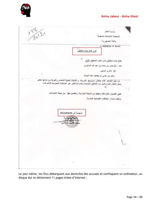 Kolna Jabeur - Kolna Ghazi
Page 14 / 25
Le jour même, les flics débarquent aux domiciles des accusés et confisquent un ordinateur, un
disque dur et détiennent 11 pages tirées d’Internet :
 
