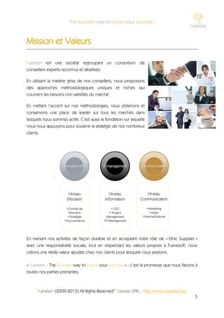 Mission et Valeurs

f'usness® est une société regroupant un consortium de
conseillers experts reconnus et labellisés.

En utilisant la matière grise de nos conseillers, nous proposons
des approches méthodologiques uniques et niches qui
couvrent les besoins non satisfaits du marché.

En mettant l’accent sur nos méthodologies, nous obtenons et
conservons une place de leader sur tous les marchés dans
lesquels nous sommes actifs. C’est aussi la fondation sur laquelle
nous nous appuyons pour soutenir la stratégie de nos nombreux
clients.




En menant nos activités de façon durable et en acceptant notre rôle de « Ethic Supplier »
avec une responsabilité sociale, tout en respectant les valeurs propres à f'usness®, nous
créons une réelle valeur ajoutée chez nos clients pour lesquels nous existons.

« f'usness® : The Business way to Fusion your Success » : c’est la promesse que nous faisons à
toutes nos parties prenantes.



      f'usness® (2009-2013) All Rights Reserved© f'usness SPRL - http://www.fusness.be/
                                                                                            5
 