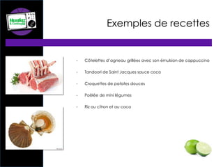Exemples de recettes
- Côtelettes d’agneau grillées avec son émulsion de cappuccino
- Tandoori de Saint Jacques sauce coco
- Croquettes de patates douces
- Poêlée de mini légumes
- Riz au citron et au coco
 