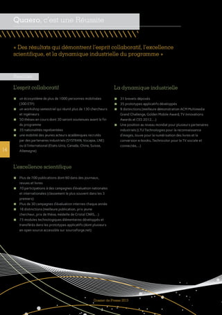 Dossier de Presse 2013
14
Résultats
L’esprit collaboratif
n	 un écosystème de plus de 1000 personnes mobilisées
(300 ETP)
n	 un workshop semestriel qui réunit plus de 130 chercheurs
et ingénieurs
n	 50 thèses en cours dont 30 seront soutenues avant la fin
du programme
n	 35 nationalités représentées
n	 une mobilité des jeunes acteurs académiques recrutés
par des partenaires industriels (SYSTRAN, Vocapia, LNE)
ou à l’international (Etats-Unis, Canada, Chine, Suisse,
Allemagne)
L’excellence scientifique
n	 Plus de 700 publications dont 60 dans des journaux,
revues et livres
n	 70 participations à des campagnes d’évaluation nationales
et internationales (classement le plus souvent dans les 3
premiers)
n	 Plus de 30 campagnes d’évaluation internes chaque année
n	 16 distinctions (meilleure publication, prix jeune
chercheur, prix de thèse, médaille de Cristal CNRS,...)
n	 75 modules technologiques élémentaires développés et
transférés dans les prototypes applicatifs (dont plusieurs
en open source accessible sur sourceforge.net)
La dynamique industrielle
n	 31 brevets déposés
n	 35 prototypes applicatifs développés
n	 9 distinctions (meilleure démonstration ACM Multimedia
Grand Challenge, Golden Mobile Award, TV Innovations
Awards at CES 2012,...)
n	 Une position au niveau mondial pour plusieurs partenaires
industriels (LTU Technologies pour la reconnaissance
d’images, Jouve pour la numérisation des livres et la
conversion e-books, Technicolor pour la TV sociale et
connectée,...)
« Des résultats qui démontrent l’esprit collaboratif, l’excellence
scientifique, et la dynamique industrielle du programme »
Quaero, c’est une Réussite
 