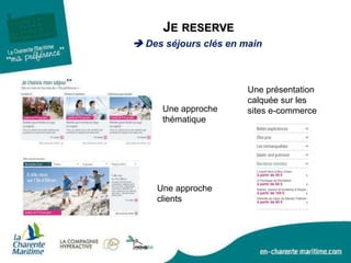 JE RESERVE
 Des séjours clés en main
Une approche
thématique
Une approche
clients
Une présentation
calquée sur les
sites e-commerce
 