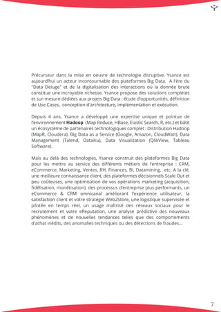 Précurseurdanslamiseenoeuvredetechnologiedisruptive,Ysanceest
aujourd’huiunacteurincontournabledesplateformesBigData. Al'èredu
"DataDeluge"etdeladigitalisationdesinteractionsoùladonnéebrute
constitueuneincroyablerichesse,Ysanceproposedessolutionscomplètes
etsur-mesuredédiéesauxprojetsBigData:étuded'opportunités,déﬁnition
deUseCases, conceptiond'architecture,implémentationetexécution.
DepuisDepuis4ans,Ysanceadéveloppéuneexpertiseuniqueetpointuede
l’environnement Hadoop (MapReduce,HBase,ElasticSearch,R,etc.)etbâtit
unécosystèmedepartenairestechnologiquescomplet:DistributionHadoop
(MapR,Cloudera),BigDataasaService(Google,Amazon,CloudWatt),Data
Management (Talend,Dataiku),Data Visualization (QlikView,Tableau
Software).
MaisMaisaudelàdestechnologies,YsanceconstruitdesplateformesBigData
pourlesmettreauservicedesdiﬀérentsmétiersdel’entreprise:CRM,
eCommerce,Marketing,Ventes,RH,Finances,BI,Datamining, etc.Alaclé,
unemeilleureconnaissanceclient,desplateformesdécisionnelsScaleOutet
peucoûteuses,uneoptimisationdevosopérationsmarketing(acquisition,
ﬁdélisation,monétisation),desprocessusd’entrepriseplusperformants,un
eCommerce & CRM omnicanalaméliorant l’expérience utilisateur,la
satisfactionsatisfactionclientetvotrestratégieWeb2Store,unelogistiquesuperviséeet
pilotée en tempsréel,un usage maîtrisé desréseauxsociauxpourle
recrutementetvotreeReputation,uneanalyseprédictivedesnouveaux
phénomènesetdenouvellestendancestellesquedescomportements
d’achatinédits,desanomaliestechniquesoudesdétectionsdefraudes… 
7
 