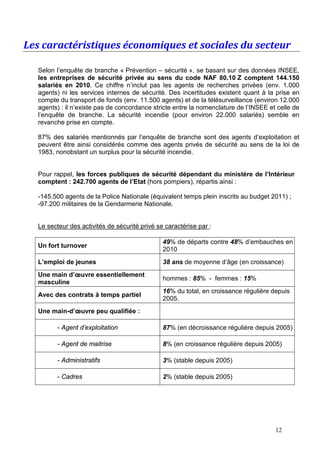 Les caractéristiques économiques et sociales du secteur

  Selon l’enquête de branche « Prévention – sécurité », se basant sur des données INSEE,
  les entreprises de sécurité privée au sens du code NAF 80.10 Z comptent 144.150
  salariés en 2010. Ce chiffre n’inclut pas les agents de recherches privées (env. 1.000
  agents) ni les services internes de sécurité. Des incertitudes existent quant à la prise en
  compte du transport de fonds (env. 11.500 agents) et de la télésurveillance (environ 12.000
  agents) : il n’existe pas de concordance stricte entre la nomenclature de l’INSEE et celle de
  l’enquête de branche. La sécurité incendie (pour environ 22.000 salariés) semble en
  revanche prise en compte.

  87% des salariés mentionnés par l’enquête de branche sont des agents d’exploitation et
  peuvent être ainsi considérés comme des agents privés de sécurité au sens de la loi de
  1983, nonobstant un surplus pour la sécurité incendie.


  Pour rappel, les forces publiques de sécurité dépendant du ministère de l’Intérieur
  comptent : 242.700 agents de l’Etat (hors pompiers), répartis ainsi :

  -145.500 agents de la Police Nationale (équivalent temps plein inscrits au budget 2011) ;
  -97.200 militaires de la Gendarmerie Nationale.


  Le secteur des activités de sécurité privé se caractérise par :

                                               49% de départs contre 48% d’embauches en
  Un fort turnover
                                               2010
  L’emploi de jeunes                           38 ans de moyenne d’âge (en croissance)
  Une main d’œuvre essentiellement
                                               hommes : 85% - femmes : 15%
  masculine
                                               16% du total, en croissance régulière depuis
  Avec des contrats à temps partiel
                                               2005.
  Une main-d’œuvre peu qualifiée :

         - Agent d’exploitation                87% (en décroissance régulière depuis 2005)

         - Agent de maitrise                   8% (en croissance régulière depuis 2005)

         - Administratifs                      3% (stable depuis 2005)

         - Cadres                              2% (stable depuis 2005)




                                                                                      12
 