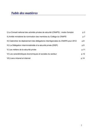 Table des matières




I) Le Conseil national des activités privées de sécurité (CNAPS) : mode d’emploi        p.3

II) Arrêté ministériel de nomination des membres du Collège du CNAPS                    p.7

III) Calendrier de déploiement des délégations interrégionales du CNAPS pour 2012   p.8

IV) La Délégation interministérielle à la sécurité privée (DISP)                    p.9

V) Les métiers de la sécurité privée                                                p.11

VI) Les caractéristiques économiques et sociales du secteur                         p.12

VII) Liens intranet et internet                                                     p.14




                                                                                    2
 