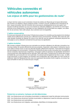 14
Véhicules connectés et
véhicules autonomes
Les enjeux et défis pour les gestionnaires de route*
La façon dont les routes se sont construites à travers les siècles est influencée par le besoin élémentaire
des humains à se déplacer. Depuis quelques années, ce besoin s’accroît, accélérant ainsi l’émergence de
tech- niques innovantes. Ainsi de l’invention de la roue jusqu’au développement de la voie rapide, nom-
breuses ont été les évolutions qui nous ont conduits aux véhicules intelligents. Ces derniers en sont à leurs
prémices et les infrastructures s’interrogent sur leurs adaptations afin de permettre aux usagers, une utilisa-
tion de ces services. Dans cette optique, deux scénarios sont envisageables.
L’option conservatrice
Il ne sera pas nécessaire de faire évoluer l’infrastructure puisque l’on considère que les progrès de la robotique
mobile seront suffisamment avancés pour s’affranchir de leur environnement. Toutefois, faire rouler des véhi-
cules équipés nécessite de disposer de route en bon état afin que les systèmes embarqués perçoivent les
marquages au sol ou détectent correctement les panneaux de signalisation.
L’option évolutive
Elle consiste à adapter l’infrastructure pour permettre aux premiers utilisateurs de véhicules connectés et au-
tonomes d’utiliser de manière efficiente les services proposés. Cependant, cette solution n’entrerait en œuvre
qu’en 2025, le temps d’avoir un taux de véhicules équipés suffisamment important. Tirant partie de l’évolution
des technologies de communication, l’infrastructure deviendra de plus en plus connectée avec une qualité de
service croissante. Devenant plus coopérative, marquages routiers et panneaux de signalisation deviendront
communicants afin d’être détectés par les véhicules. Dans cette option, l’infrastructure at- teindra des niveaux
de fiabilité tels, que la sécurité s’en verra optimisée. Ce scénario permet également de rêver un peu : en effet,
à plus long terme, on peut imaginer une évolution de la configuration des routes telles qu’on les connaît ac-
tuellement, allant de l’élargissement des voies à la suppression des bandes d’arrêt d’urgence, et ce dans l’op-
tique de fluidifier le trafic aux horaires les plus chargés.
Figure 1
L’induction de l’innovation par le véhicule
Rétroaction sur l’infrastructure
Partant de ce scénario, 4 phases ont été déterminées
2020 : les infrastructures sont connectées et permettent un déploiement massif de véhicules communicants
2025 : les infrastructures deviennent hybrides et permettent un déploiement massif de véhicules autonomes
2040 : les infrastructures sont automatisées
2050 : les infrastructures sont intégrées, automatisées, électrifiées et à énergie positive
Dossier JTR 2017_Mise en page 1 24/01/2017 14:47 Page 14
 