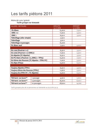 Les tarifs piétons 2011
Moins de 5 ans / gratuit
      Tarifs groupes sur demande
ALLERS - RETOURS                                          ADULTE              ENFANT
                                                          13-71 ANS           5-12 ANS
Pic Blanc                                                         15,00 €          7,50 €
DMC 1+2                                                           11,00 €          5,50 €
DMC 1                                                             6,50 €           3,50 €
Télévillage (aller simple)                                         2,50 €
Télévillage                                                        3,00 €
Télévillage 10 passages                                           16,00 €
Pic Blanc seul                                                     7,50 €         4,00 €

Oz-2100 (Poutran 1+2)                                               6,50 €        3,50 €
Oz-2700 (Poutran 1+2+DMC2)                                          11,00 €       5,50 €
Oz-Alpette (TC Alpette)                                             6,50 €        3,50 €
Oz-Pic blanc (Poutran 1+2, DMC2 + TPH3)                             15,00 €       7,50 €
Oz-Dôme des Rousses (TC Alpette + TPH2 VY)                          11,00 €       5,50 €
Oz-Alpe d'Huez                                                      13,00 €       6,50 €

Vaujany-Alpette (TPH1)                                              6,50 €        3,50 €
Vaujany-Dôme des Rousses (TPH2)                                     11,00 €       5,50 €
Vaujany-Oz (TPH1 VY + TC Alpette)                                   13,00 €       6,50 €

TSD Auris Les Sures**        1 passage                               4,00 €       2,00 €
TSD Auris Les Sures**        5 passages                             16,00 €       8,00 €
TSD Auris Les Sures**        10 passages                            28,00 €       14,00€

Tarifs groupes plus de 20 personnes sur demande au 04 76 80 34 73




     12    Dossier de presse SATA 2011
 