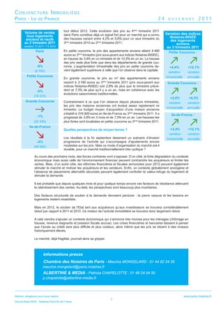 CONJONCTURE IMMOBILIÈRE
P ARIS - I LE        DE   F RANCE                                                                                 24    N O V E M B R E           2011

                                            tout début 2012. Cette évolution des prix au 4ème trimestre 2011
        Volume de ventes                                                                                               Variation des indices
         tous logements                     dans Paris constitue déjà un signal fort pour un marché qui a connu
                                            des hausses variant entre 4,2% et 5,6% pour un seul trimestre du             Notaires-INSEE
         anciens et neufs                                                                                                 des logements
        au 3° trimestre 2011                3ème trimestre 2010 au 2ème trimestre 2011.                                        anciens
        variation T3 2011 / T3 2010                                                                                     au 3° trimestre 2011
                  Paris                     En petite couronne, le prix des appartements anciens atteint 4.490           Petite Couronne :
                                            euros au 3ème trimestre (prix sous-jacent aux indices Notaires-INSEE),
                                            en hausse de 3,9% en un trimestre et de 12,5% en un an. La hausse
                                            des prix reste plus forte que dans les départements de grande cou-
                   -8%                      ronne. L’augmentation trimestrielle des prix en petite couronne de-          +4,4%            +12,1%
                  (8 700)                   vient également supérieure à celle que l’on observe dans la capitale.
                                                                                                                        variation        variation
          Petite Couronne                                                                                              trimestrielle     annuelle
                                            En grande couronne, le prix au m² des appartements anciens
                                            ressort à 3.180 euros au 3ème trimestre 2011 (prix sous-jacent aux          Grande Couronne :
                                            indices Notaires-INSEE) soit 2,8% de plus que le trimestre précé-
                   -5%                      dent et 7,3% de plus qu’il y a un an, mais en cohérence avec les
                                            évolutions saisonnières traditionnelles.
                 (18 370)
                                                                                                                          +2,9%           +6,5%
         Grande Couronne                    Contrairement à ce que l’on observe depuis plusieurs trimestres,             variation       variation
                                            les prix des maisons anciennes ont évolué assez rapidement ce
                                                                                                                       trimestrielle     annuelle
                                            trimestre. Le budget moyen d’acquisition d’une maison ancienne
                                            s'établit à 316.900 euros en Ile-de-France au 3ème trimestre 2011. Il a        Ile-de-France :
                    -1%                     progressé de 3,8% en 3 mois et de 7,5% en un an. Les hausses les
                 (22 430)                   plus fortes sont localisées en petite couronne au 3ème trimestre 2011.
             Ile-de-France
                                            Quelles perspectives de moyen terme ?                                         +3,4%           +12,1%
                                                                                                                         variation        variation
                                            Les résultats à la ﬁn septembre dessinent un scénario d’érosion            trimestrielle      annuelle
                    -4%                     progressive de l’activité qui s’accompagne d’ajustements encore
                 (49 500)                   modestes sur les prix. Mais ce mode d’organisation du marché est-il
                                            durable, pour un marché traditionnellement très cyclique ?

                 Au cours des prochains mois, des forces contraires vont s’opposer. D’un côté, la forte dégradation du contexte
                 économique mais aussi celle de l’environnement ﬁnancier peuvent contraindre les acquéreurs et limiter les
                 ventes. Mais, d’un autre côte, les réformes ﬁnancières et ﬁscales annoncées pour 2012 peuvent également
                 stimuler le marché et motiver les acquéreurs et les vendeurs. Enﬁn, un contexte globalement anxiogène et
                 l’absence de placements alternatifs sécurisés peuvent également conforter la valeur-refuge du logement et
                 stimuler la demande.

                 Il est probable que depuis quelques mois et pour quelque temps encore ces facteurs de résistance atténuent
                 le ralentissement des ventes. Au-delà, les perspectives sont beaucoup plus incertaines.

                 Des facteurs structurels de soutien à la demande devraient perdurer : la pierre rassure et les besoins en
                 logements restent insatisfaits.

                 Mais en 2012, le soutien de l’Etat tant aux acquéreurs qu’aux investisseurs se trouvera considérablement
                 réduit par rapport à 2011 et 2010. Ce moteur de l’activité immobilière se trouvera donc largement réduit.

                 A cela viendra s’ajouter un contexte économique qui s’annonce très morose pour les ménages (chômage en
                 hausse, revenus stagnants et pression ﬁscale accrue). Les crises ﬁnancières et bancaires laissent à penser
                 que l’accès au crédit sera plus difﬁcile et plus coûteux, alors même que les prix se situent à des niveaux
                 historiquement élevés.

                 Le marché, déjà fragilisé, pourrait alors se gripper.




                          Informations presse
                          Chambre des Notaires de Paris - Maurice MONGELARD : 01 44 82 24 35
                         maurice.mongelard@paris.notaires.fr
                         ALBERTINE & MEDIA - Patricia CHAPELOTTE : 01 48 24 04 50
                         p.chapelotte@albertine-media.fr



Mention obligatoire pour toute citation :                                                                                              www.paris.notaires.fr
                                                                              2
Source Base BIEN - Notaires Paris-Ile de France
 