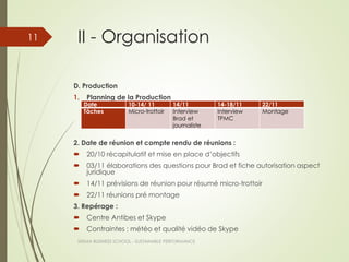 II - Organisation
D. Production
1. Planning de la Production
2. Date de réunion et compte rendu de réunions :
 20/10 récapitulatif et mise en place d’objectifs
 03/11 élaborations des questions pour Brad et fiche autorisation aspect
juridique
 14/11 prévisions de réunion pour résumé micro-trottoir
 22/11 réunions pré montage
3. Repérage :
 Centre Antibes et Skype
 Contraintes : météo et qualité vidéo de Skype
Date 10-14/ 11 14/11 14-18/11 22/11
Tâches Micro-trottoir Interview
Brad et
journaliste
Interview
TPMC
Montage
SKEMA BUSINESS SCHOOL - SUSTAINABLE PERFORMANCE
11
 