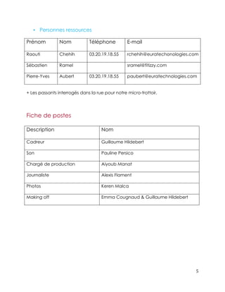 5 
• Personnes ressources 
Prénom 
Nom Téléphone E-mail 
Raouti 
Chehih 03.20.19.18.55 rchehih@euratechonologies.com 
Sébastien 
Ramel sramel@fitizzy.com 
Pierre-Yves 
Aubert 03.20.19.18.55 paubert@euratechnologies.com 
+ Les passants interrogés dans la rue pour notre micro-trottoir. 
Fiche de postes 
Description 
Nom 
Cadreur 
Guillaume Hildebert 
Son 
Pauline Persico 
Chargé de production 
Aiyoub Manat 
Journaliste 
Alexis Flament 
Photos 
Keren Malca 
Making off 
Emma Cougnaud & Guillaume Hildebert 
 