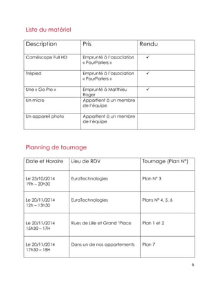 6 
Liste du matériel 
Description 
Pris Rendu 
Caméscope Full HD 
Emprunté à l’association 
« PourParlers » 
" 
Trépied 
Emprunté à l’association 
« PourParlers » 
" 
Une « Go Pro » Emprunté à Matthieu 
Roger 
" 
Un micro 
Appartient à un membre 
de l’équipe 
Un appareil photo 
Appartient à un membre 
de l’équipe 
Planning de tournage 
Date et Horaire 
Lieu de RDV Tournage (Plan N°) 
Le 23/10/2014 
19h – 20h30 
EuraTechnologies 
Plan N° 3 
Le 20/11/2014 
12h – 13h30 
EuraTechnologies 
Plans N° 4, 5, 6 
Le 20/11/2014 
15h30 – 17H 
Rues de Lille et Grand ‘Place 
Plan 1 et 2 
Le 20/11/2014 
17h30 – 18H 
Dans un de nos appartements 
Plan 7 
 