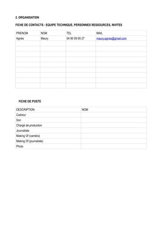 2. ORGANISATION
FICHE DE CONTACTS : EQUIPE TECHNIQUE, PERSONNES RESSOURCES, INVITES
PRENOM

NOM

TEL

MAIL

Agnès

Maury

04 90 59 65 27

maury.agnes@gmail.com

Musée

Fragonard

04 93 36 02 71

Technicien

Laboratoire

(Paris)

Chargée

Développement

durable (Paris)

Claire

Judeinstein

claire.judeinstein@skema.edu

Olivier

Pinoteau

olivier.pinoteau@skema.edu

Sebastien

Lin

sebastien.lin@skema.edu

Marina

Vial

marina.vial@skema.edu

Pauline

Waldura

pauline.waldure@skema.edu

Laetitia

Villiers

laetitia.villiers@skema.edu

FICHE DE POSTE
DESCRIPTION

NOM

Cadreur

Sebastien Lin

Son

Sebastien Lin

Chargé de production

Claire Judeinstein

Journaliste

Pauline Waldura / Marina Vial

Making Of (caméra)

Olivier Pinoteau

Making Of (journaliste)

Olivier Pinoteau

Photo

Laetitia Villiers

 