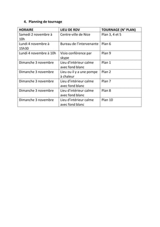 4. Planning de tournage
HORAIRE
Samedi 2 novembre à
10h
Lundi 4 novembre à
15h30
Lundi 4 novembre à 10h
Dimanche 3 novembre
Dimanche 3 novembre
Dimanche 3 novembre
Dimanche 3 novembre
Dimanche 3 novembre

LIEU DE RDV
Centre-ville de Nice

TOURNAGE (N° PLAN)
Plan 3, 4 et 5

Bureau de l’intervenante Plan 6
Visio conférence par
skype
Lieu d’intérieur calme
avec fond blanc
Lieu ou il y a une pompe
à chaleur
Lieu d’intérieur calme
avec fond blanc
Lieu d’intérieur calme
avec fond blanc
Lieu d’intérieur calme
avec fond blanc

Plan 9
Plan 1
Plan 2
Plan 7
Plan 8
Plan 10

 