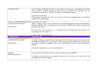 INTRODUCTION

Anouk, étudiante à SKEMA, lit son livre « J’ai fait HEC et je m’en excuse » confortablement installée
dans un Fatboy à la fusée. Soudain une phrase retient son attention. Elle s’interroge alors, en
s’exclamant sur le rôle de son ESC dans la formation des managers de demain.
[Agrandissement du Plan]
Toute l’équipe 105 décide de se lancer à la recherche d’informations supplémentaires qui pourraient
répondre à leur problématique.

PLAN 2 : LE POSITIONNEMENT DE [Accélération de la vidéo]
L’EQUIPE PEDAGOGIQUE
Marie se déplace jusqu’au bureau de Rosanne CARLIER, Responsable du Master Développement
Durable à SKEMA. Elle nous explique le positionnement de SKEMA par rapport aux enjeux du
INTERVIEW 1
développement durable.
« Pouvez-vous nous éclairer sur le positionnement de SKEMA BS par rapport au
développement durable ? »
« Quelle image veut-elle véhiculer ? »
NUMERO PLAN
DESCRIPTION
PLAN 3 : LE POSITIONNEMENT DE [Accélération]
L’EQUIPE PEDAGOGIQUE
Le groupe se déplace jusqu’au bureau de Dominique VIAN, Professeur Chargé du suivi de projet de
développement durable. Lors de cet échange il lui sera demander quels sont les autres moyens mis en
INTERVIEW 2
œuvre pour sensibiliser les étudiants (cours, projets, défis, activités) en lien avec le développement
durable.
« Quel est l’objectif du cours de Sustainable ? »
PLAN 4
MICRO-TROTTOIR

[Accélération micro-trottoirs à travers le campus de Lille auprès des étudiants]
4 étudiants seront interviewés. Les étudiants répondront en une phrase sur ce que le cours de
développement durable leur apporte.

 