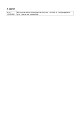 1. CONTENU
PLAN 9
CONCLUSION

Présentation d’un « évènement écoresponsable », comme un mariage également
pour effectuer une comparaison.

 