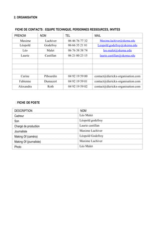 2. ORGANISATION

FICHE DE CONTACTS : EQUIPE TECHNIQUE, PERSONNES RESSOURCES, INVITES
PRENOM

NOM

TEL

MAIL
Maxime.lachiver@skema.edu

Maxime
Léopold

Lachiver
Godefroy

06 46 76 77 32
06 66 35 21 81

Leopold.godefroy@skema.edu

Léo

Malet

06 76 38 38 74

leo.malet@skema.edu

Laurie

Castillan

06 21 00 23 15

laurie.castillan@skema.edu

Carine

Pibourdin

04 92 19 59 00

contact@dierickx-organisation.com

Fabienne

Dumazert

04 92 19 59 01

contact@dierickx-organisation.com

Alexandra

Roth

04 92 19 59 02

contact@dierickx-organisation.com

FICHE DE POSTE
DESCRIPTION
Cadreur

NOM
Léo Malet

Son

Léopold godefroy

Chargé de production

Laurie castillan

Journaliste

Maxime Lachiver

Making Of (caméra)

Léopold Godefroy

Making Of (journaliste)

Maxime Lachiver

Photo

Léo Malet

 