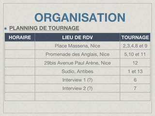 ORGANISATION
!

PLANNING DE TOURNAGE
HORAIRE

LIEU DE RDV

TOURNAGE

Place Massena, Nice

2,3,4,8 et 9

Promenade des Anglais, Nice

5,10 et 11

29bis Avenue Paul Arène, Nice

12

Sudio, Antibes

1 et 13

Interview 1 (?)

6

Interview 2 (?)

7

 