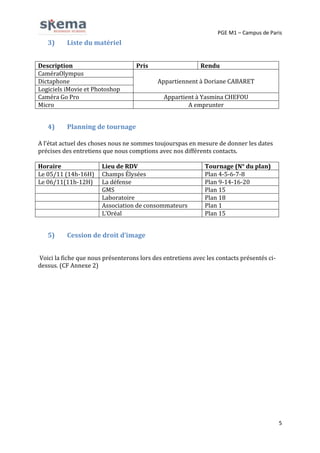 PGE M1 – Campus de Paris

3)

Liste du matériel

Description
CaméraOlympus
Dictaphone
Logiciels iMovie et Photoshop
Caméra Go Pro
Micro

4)

Pris

Rendu
Appartiennent à Doriane CABARET
Appartient à Yasmina CHEFOU
A emprunter

Planning de tournage

A l’état actuel des choses nous ne sommes toujourspas en mesure de donner les dates
précises des entretiens que nous comptions avec nos différents contacts.
Horaire
Le 05/11 (14h-16H)
Le 06/11(11h-12H)

5)

Lieu de RDV
Champs Élysées
La défense
GMS
Laboratoire
Association de consommateurs
L’Oréal

Tournage (N° du plan)
Plan 4-5-6-7-8
Plan 9-14-16-20
Plan 15
Plan 18
Plan 1
Plan 15

Cession de droit d’image

Voici la fiche que nous présenterons lors des entretiens avec les contacts présentés cidessus. (CF Annexe 2)

5

 