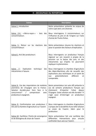 4 
II 
– 
DECOUPAGE 
DU 
REPORTAGE 
Scènes 
Description 
Scène 
1 
: 
Introduction 
Scène 
2-­‐4 
: 
« 
Micro-­‐rayon 
» 
-­‐ 
Avis 
des 
consommateurs 
Scène 
5 
: 
Retour 
sur 
les 
réactions 
des 
consommateurs 
Scène 
6 
: 
Avis 
des 
producteurs 
Scène 
7 
: 
Explication 
technique 
des 
mécanismes 
à 
l’oeuvre 
Scène 
8 
: 
Cas 
des 
importations 
de 
matières 
premières 
de 
L’Espagne 
vers 
la 
France 
: 
Solution 
durable 
pour 
faire 
face 
à 
la 
concurrence? 
/ 
comparaison 
avec 
producteurs 
espagnols. 
Scène 
9 
: 
Confrontation 
avis 
producteur 
/ 
Avis 
de 
la 
chambre 
d’agriculture 
sur 
l’avenir 
Scène 
10 
: 
Synthèse 
/ 
Points 
de 
convergence 
et 
de 
divergence 
& 
vision 
de 
l’avenir 
Notre 
présentateur 
présente 
les 
enjeux 
de 
notre 
sujet 
dans 
une 
oliveraie. 
Nous 
interrogeons 
3 
consommateurs 
sur 
l’influence 
du 
prix 
et 
de 
l’origine 
sur 
l’acte 
d’achat 
de 
l’huile 
d’olive. 
Notre 
présentateur 
résume 
les 
réactions 
et 
pose 
la 
question 
des 
facteurs 
d’explication. 
Nous 
interrogeons 
un 
producteur 
français 
régional 
sur 
son 
ressenti 
à 
propos 
de 
la 
pression 
sur 
la 
baisse 
des 
prix, 
et 
des 
mécanismes 
qui 
d’après 
lui 
pourraient 
expliquer 
le 
phénomène. 
Nous 
interrogeons 
la 
chambre 
d’agriculture 
des 
Alpes-­‐Maritimes 
afin 
de 
recueillir 
des 
explications 
plus 
techniques 
et 
un 
point 
de 
vue 
potentiellement 
différent 
et 
comparable. 
Notre 
présentateur 
(en 
voix 
off) 
présente 
le 
cas 
de 
certains 
producteurs 
français 
qui 
choisissent 
d’importer 
l’olive 
depuis 
l’Espagne. 
Cette 
solution 
est-­‐elle 
durable 
? 
Il 
s’agit 
aussi 
d’interroger 
un 
producteur 
espagnol. 
Nous 
interrogeons 
la 
chambre 
d’agriculture 
à 
propos 
de 
la 
durabilité 
d’une 
telle 
solution 
sa 
vision 
de 
l’avenir. 
Idem 
pour 
le 
producteur. 
Notre 
présentateur 
fait 
une 
synthèse 
des 
différentes 
interventions 
pour 
ensuite 
confronter 
leurs 
avis 
sur 
l’avenir. 
 