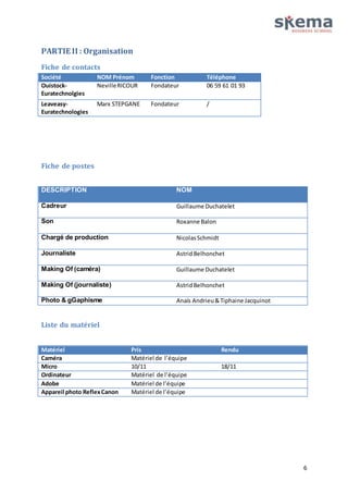 6 
PARTIE II : Organisation 
Fiche de contacts 
Société NOM Prénom Fonction Téléphone 
Ouistock- 
Euratechnolgies 
Neville RICOUR 
Fondateur 06 59 61 01 93 
Leaveasy- 
Euratechnologies 
Marx STEPGANE Fondateur / 
Fiche de postes 
DESCRIPTION NOM 
Cadreur 
Guillaume Duchatelet 
Son 
Roxanne Balon 
Chargé de production 
Nicolas Schmidt 
Journaliste 
Astrid Belhonchet 
Making Of (caméra) 
Guillaume Duchatelet 
Making Of (journaliste) 
Astrid Belhonchet 
Photo & gGaphisme Anaïs Andrieu & Tiphaine Jacquinot 
Liste du matériel 
Matériel Pris Rendu 
Caméra Matériel de l’équipe 
Micro 10/11 18/11 
Ordinateur Matériel de l’équipe 
Adobe Matériel de l’équipe 
Appareil photo Reflex Canon Matériel de l’équipe 
 
