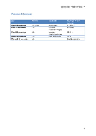 DOSSIER DE PRODUCTION 7 
7 
Planning de tournage 
Jour Horaires Lieu du rdv Tournage du plan 
numéro : 
Mardi 11 novembre 12h – 16h Grand place 2 3 4 5 6 7 
Lundi 17 novembre 17h Ouistock- 
EuraTechnologies 
8 9 10 11 
Mardi 18 novembre 18h Leaveasy- 
EuraTechnologies 
12 13 14 
Mardi 18 novembre 14h Local de réunion 15 16 17 
Mercredi 19 novembre 16h 1,8, 12 graphisme 
