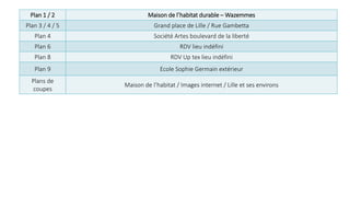 Plan 1 / 2 Maison de l’habitat durable –Wazemmes 
Plan 3 / 4 / 5 Grand place de Lille / Rue Gambetta 
Plan 4 Société Artes boulevard de la liberté 
Plan 6 RDV lieu indéfini 
Plan 8 RDV Up tex lieu indéfini 
Plan 9 Ecole Sophie Germain extérieur 
Plans de 
coupes 
Maison de l’habitat / Images internet / Lille et ses environs 
