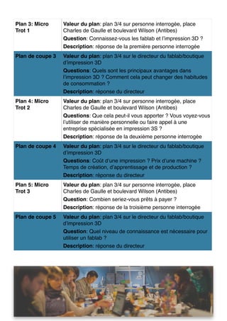Plan 3: Micro 
Trot 1 
Valeur du plan: plan 3/4 sur personne interrogée, place 
Charles de Gaulle et boulevard Wilson (Antibes) 
Question: Connaissez-vous les fablab et l’impression 3D ? 
Description: réponse de la première personne interrogée 
Plan de coupe 3 Valeur du plan: plan 3/4 sur le directeur du fablab/boutique 
d’impression 3D 
Questions: Quels sont les principaux avantages dans 
l’impression 3D ? Comment cela peut changer des habitudes 
de consommation ? 
Description: réponse du directeur 
Plan 4: Micro 
Trot 2 
Valeur du plan: plan 3/4 sur personne interrogée, place 
Charles de Gaulle et boulevard Wilson (Antibes) 
Questions: Que cela peut-il vous apporter ? Vous voyez-vous 
l’utiliser de manière personnelle ou faire appel à une 
entreprise spécialisée en impression 3S ? 
Description: réponse de la deuxième personne interrogée 
Plan de coupe 4 Valeur du plan: plan 3/4 sur le directeur du fablab/boutique 
d’impression 3D 
Questions: Coût d’une impression ? Prix d’une machine ? 
Temps de création, d’apprentissage et de production ? 
Description: réponse du directeur 
Plan 5: Micro 
Trot 3 
Valeur du plan: plan 3/4 sur personne interrogée, place 
Charles de Gaulle et boulevard Wilson (Antibes) 
Question: Combien seriez-vous prêts à payer ? 
Description: réponse de la troisième personne interrogée 
Plan de coupe 5 Valeur du plan: plan 3/4 sur le directeur du fablab/boutique 
d’impression 3D 
Question: Quel niveau de connaissance est nécessaire pour 
utiliser un fablab ? 
Description: réponse du directeur 
 