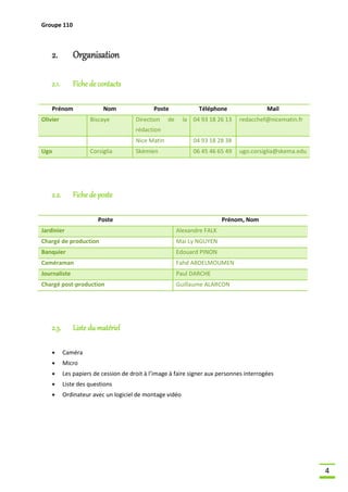 Groupe 110

2.

Organisation

2.1.

Fiche de contacts

Prénom
Olivier

Nom
Biscaye

Poste
Direction

Téléphone

de

la 04 93 18 26 13

Mail
redacchef@nicematin.fr

rédaction
Nice Matin
Ugo

Corsiglia

2.2.

04 93 18 28 38

Skémien

06 45 46 65 49

ugo.corsiglia@skema.edu

Fiche de poste
Poste

Prénom, Nom

Jardinier

Alexandre FALK

Chargé de production

Mai Ly NGUYEN

Banquier

Edouard PINON

Caméraman

Fahd ABDELMOUMEN

Journaliste

Paul DARCHE

Chargé post-production

Guillaume ALARCON

2.3.

Liste du matériel



Caméra



Micro



Les papiers de cession de droit à l’image à faire signer aux personnes interrogées



Liste des questions



Ordinateur avec un logiciel de montage vidéo

4

 