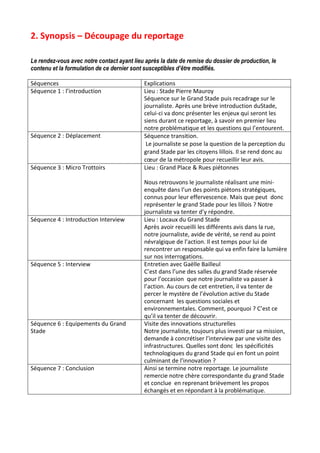 2. Synopsis – Découpage du reportage
Le rendez-vous avec notre contact ayant lieu après la date de remise du dossier de production, le
contenu et la formulation de ce dernier sont susceptibles d’être modifiés.
Séquences
Séquence 1 : l’introduction

Séquence 2 : Déplacement

Séquence 3 : Micro Trottoirs

Séquence 4 : Introduction Interview

Séquence 5 : Interview

Séquence 6 : Equipements du Grand
Stade

Séquence 7 : Conclusion

Explications
Lieu : Stade Pierre Mauroy
Séquence sur le Grand Stade puis recadrage sur le
journaliste. Après une brève introduction duStade,
celui-ci va donc présenter les enjeux qui seront les
siens durant ce reportage, à savoir en premier lieu
notre problématique et les questions qui l’entourent.
Séquence transition.
Le journaliste se pose la question de la perception du
grand Stade par les citoyens lillois. Il se rend donc au
cœur de la métropole pour recueillir leur avis.
Lieu : Grand Place & Rues piétonnes
Nous retrouvons le journaliste réalisant une minienquête dans l’un des points piétons stratégiques,
connus pour leur effervescence. Mais que peut donc
représenter le grand Stade pour les lillois ? Notre
journaliste va tenter d’y répondre.
Lieu : Locaux du Grand Stade
Après avoir recueilli les différents avis dans la rue,
notre journaliste, avide de vérité, se rend au point
névralgique de l’action. Il est temps pour lui de
rencontrer un responsable qui va enfin faire la lumière
sur nos interrogations.
Entretien avec Gaëlle Bailleul
C’est dans l’une des salles du grand Stade réservée
pour l’occasion que notre journaliste va passer à
l’action. Au cours de cet entretien, il va tenter de
percer le mystère de l’évolution active du Stade
concernant les questions sociales et
environnementales. Comment, pourquoi ? C’est ce
qu’il va tenter de découvrir.
Visite des innovations structurelles
Notre journaliste, toujours plus investi par sa mission,
demande à concrétiser l’interview par une visite des
infrastructures. Quelles sont donc les spécificités
technologiques du grand Stade qui en font un point
culminant de l’innovation ?
Ainsi se termine notre reportage. Le journaliste
remercie notre chère correspondante du grand Stade
et conclue en reprenant brièvement les propos
échangés et en répondant à la problématique.

 