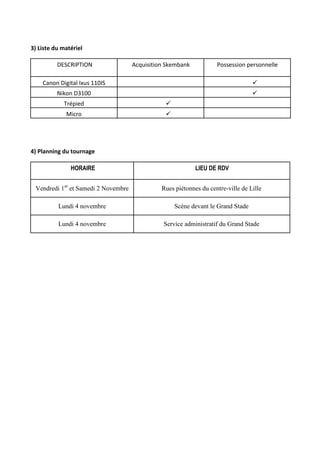 3) Liste du matériel
DESCRIPTION

Acquisition Skembank

Possession personnelle

Canon Digital Ixus 110IS



Nikon D3100



Trépied



Micro



4) Planning du tournage
HORAIRE

LIEU DE RDV

Vendredi 1er et Samedi 2 Novembre

Rues piétonnes du centre-ville de Lille

Lundi 4 novembre

Scène devant le Grand Stade

Lundi 4 novembre

Service administratif du Grand Stade

 