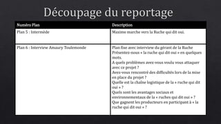 Numéro Plan Description 
Plan 5 : Intermède Maxime marche vers la Ruche qui dit oui. 
Plan 6 : Interview Amaury Toulemonde Plan fixe avec interview du gérant de la Ruche 
Présentez-nous « la ruche qui dit oui » en quelques 
mots. 
A quels problèmes avez-vous voulu vous attaquer 
avec ce projet ? 
Avez-vous rencontré des difficultés lors de la mise 
en place du projet ? 
Quelle est la chaîne logistique de la « ruche qui dit 
oui » ? 
Quels sont les avantages sociaux et 
environnementaux de la « ruches qui dit oui » ? 
Que gagnent les producteurs en participant à « la 
ruche qui dit oui » ? 
 