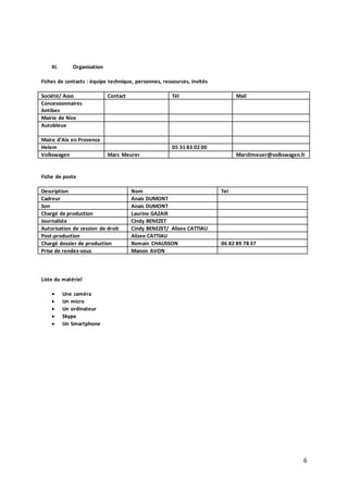 6 
III. Organisation 
Fiches de contacts : équipe technique, personnes, ressources, invités 
Société/ Asso Contact Tél Mail 
Concessionnaires 
Antibes 
Mairie de Nice 
Autobleue 
Maire d’Aix en Provence 
Helem 05 31 83 02 00 
Volkswagen Marc Meurer Marc0meuer@volkswagen.fr 
Fiche de poste 
Description Nom Tel 
Cadreur Anais DUMONT 
Son Anais DUMONT 
Chargé de production Laurine GAZAIX 
Journaliste Cindy BENEZET 
Autorisation de cession de droit Cindy BENEZET/ Alizee CATTIAU 
Post-production Alizee CATTIAU 
Chargé dossier de production Romain CHAUSSON 06 82 89 78 37 
Prise de rendez-vous Manon AVON 
Liste du matériel 
 Une caméra 
 Un micro 
 Un ordinateur 
 Skype 
 Un Smartphone 
