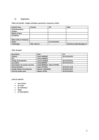 6 
III. Organisation 
Fiches de contacts : équipe technique, personnes, ressources, invités 
Société/ Asso Contact Tél Mail 
Concessionnaires 
Antibes 
Mairie de Nice 
Autobleue 
Maire d’Aix en Provence 
Helem 05 31 83 02 00 
Volkswagen Marc Meurer Marc0meuer@volkswagen.fr 
Fiche de poste 
Description Nom Tel 
Cadreur Anais DUMONT 06 19 69 90 43 
Son Anais DUMONT 
Chargé de production Laurine GAZAIX 06 37 69 95 41 
Journaliste Cindy BENEZET 06 50 18 26 70 
Autorisation de cession de droit Cindy BENEZET/ Alizee CATTIAU 
Post-production Alizee CATTIAU 06 50 54 11 48 
Chargé dossier de production Romain CHAUSSON 06 82 89 78 37 
Prise de rendez-vous Manon AVON 06 63 29 48 29 
Liste du matériel 
 Une caméra 
 Un micro 
 Un ordinateur 
 Skype 
 Un Smartphone 
