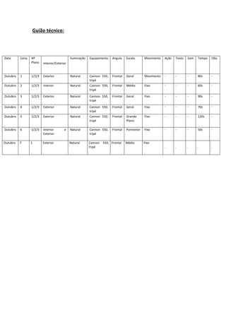 Guião técnico:

Data

Cena

Nº
Plano

Iluminação

Equipamento

Angulo

Escala

Movimento

Ação

Texto

Som

Tempo

Obs.

Interior/Exterior

Outubro

1

1/2/3

Exterior

Natural

Cannon 550,
tripé

Frontal

Geral

Movimento

-

-

-

80s

-

Outubro

2

1/2/3

Interior

Natural

Cannon 550,
tripé

Frontal

Médio

Fixo

-

-

-

60s

-

Outubro

3

1/2/3

Exterior

Natural

Cannon 550,
tripé

Frontal

Geral

Fixo

-

-

-

90s

-

Outubro

4

1/2/3

Exterior

Natural

Cannon 550,
tripé

Frontal

Geral

Fixo

-

-

-

70s

-

Outubro

5

1/2/3

Exterior

Natural

Cannon 550,
tripé

Frontal

Grande
Plano

Fixo

-

-

-

120s

-

Outubro

6

1/2/3

Interior
Exterior

Natural

Cannon 550,
tripé

Frontal

Pormenor

Fixo

-

-

-

50s

-

Outubro

7

1

Exterior

Natural

Cannon 550, Frontal
tripé

Médio

Fixo
-

-

-

-

-

e

 