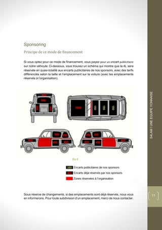 dddd
S4LAM!UNEEQUIPEYONNAISE
11
Sponsoring
Principe de ce mode de financement
Si vous optez pour ce mode de financement, vous payez pour un encart publicitaire
sur notre véhicule. Ci-dessous, vous trouvez un schéma qui montre que la 4L sera
réservée en quasi-totalité aux encarts publicitaires de nos sponsors, avec des tarifs
différenciés selon la taille et l’emplacement sur la voiture (avec les emplacements
réservés à l’organisation).
Sous réserve de changements, si des emplacements sont déjà réservés, nous vous
en informerons. Pour toute subdivision d’un emplacement, merci de nous contacter.
 