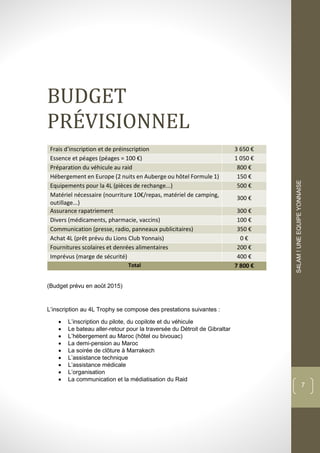 dddd
S4LAM!UNEEQUIPEYONNAISE
7
BUDGET
PREVISIONNEL
Frais d'inscription et de préinscription 3 650 €
Essence et péages (péages = 100 €) 1 050 €
Préparation du véhicule au raid 800 €
Hébergement en Europe (2 nuits en Auberge ou hôtel Formule 1) 150 €
Equipements pour la 4L (pièces de rechange...) 500 €
Matériel nécessaire (nourriture 10€/repas, matériel de camping,
outillage...)
300 €
Assurance rapatriement 300 €
Divers (médicaments, pharmacie, vaccins) 100 €
Communication (presse, radio, panneaux publicitaires) 350 €
Achat 4L (prêt prévu du Lions Club Yonnais) 0 €
Fournitures scolaires et denrées alimentaires 200 €
Imprévus (marge de sécurité) 400 €
Total 7 800 €
(Budget prévu en août 2015)
L’inscription au 4L Trophy se compose des prestations suivantes :
 L’inscription du pilote, du copilote et du véhicule
 Le bateau aller-retour pour la traversée du Détroit de Gibraltar
 L’hébergement au Maroc (hôtel ou bivouac)
 La demi-pension au Maroc
 La soirée de clôture à Marrakech
 L’assistance technique
 L’assistance médicale
 L’organisation
 La communication et la médiatisation du Raid
 