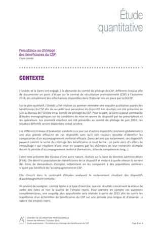   	
  
CONTRAT	
  DE	
  SÉCURISATION	
  PROFESSIONNELLE	
  
Dossier	
  de	
  référence	
  /	
  Octobre	
  2014	
  
Étude	
...