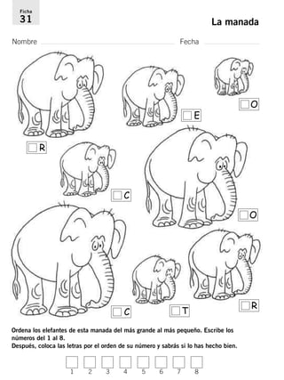 Ficha 
31 La manada 
Nombre Fecha 
R 
C 
E 
Ordena los elefantes de esta manada del más grande al más pequeño. Escribe los 
números del 1 al 8. 
Después, coloca las letras por el orden de su número y sabrás si lo has hecho bien. 
O 
O 
C T R 
1 2 3 4 5 6 7 8 
 