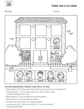 Ficha 
29 Cada uno a su clase 
Nombre Fecha 
Lee estas explicaciones y dibuja a cada niño en su clase. 
• Elena está en 5.º Su clase esta al lado de la de su hermana Sara, que está en 6.º 
• Hasán está en 1.º, en la misma planta que Julián, pero su aula 
no está al lado de la de Julián. 
• María está en 3.º Su clase está en la primera planta. 
• Benito está en la misma planta que Elena. 
• Los alumnos de 4.º están en la segunda planta. 
• Los alumnos de 6.º suelen oír a los de 2.º, que se encuentran 
justo debajo de ellos. 
 
