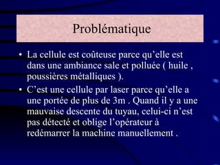 Problématique La cellule est coûteuse parce qu’elle est dans une ambiance sale et polluée ( huile , poussières métalliques ). C’est une cellule par laser parce qu’elle a une portée de plus de 3m . Quand il y a une mauvaise descente du tuyau, celui-ci n’est pas détecté et oblige l’opérateur à redémarrer la machine manuellement .  