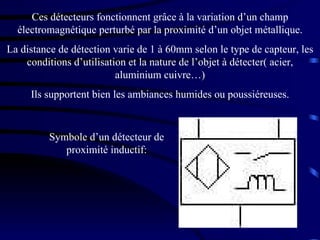 Ces détecteurs fonctionnent grâce à la variation d’un champ électromagnétique perturbé par la proximité d’un objet métallique. La distance de détection varie de 1 à 60mm selon le type de capteur, les conditions d’utilisation et la nature de l’objet à détecter( acier, aluminium cuivre…) Ils supportent bien les ambiances humides ou poussiéreuses. Symbole d’un détecteur de proximité inductif: 