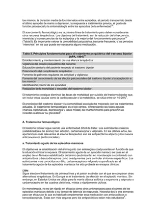 los mismos, la duración media de los intervalos entre episodios, el periodo transcurrido desde
el último episodio de manía o depresión, la respuesta a tratamientos previos, el grado de
función psicosocial y la sintomatología entre los episodios de la enfermedad19.

El acercamiento farmacológico es la primera línea de tratamiento pero deben considerarse
otros recursos terapéuticos. Los objetivos del tratamiento son la reducción de la frecuencia,
intensidad y consecuencias de los episodios y la mejoría del funcionamiento psicosocial19
(Tabla 5). Es importante valorar la comorbilidad psiquiátrica, bastante frecuente, y los periodos
“intercrisis” en los que puede ser necesaria alguna medicación.


 Tabla 5. Principios fundamentales para el tratamiento psiquiátrico del trastorno bipolar
                                         (APA, 1994)19
Establecimiento y mantenimiento de una alianza terapéutica
Vigilancia del estado psiquiátrico del paciente
Educación sanitaria del paciente respecto al trastorno bipolar
Potenciación del cumplimiento terapéutico
Fomento de patrones regulares de actividad y vigilancia
Fomento del conocimiento de los efectos psicosociales del trastorno bipolar y la adaptación a
los mismos
Identificación precoz de los episodios
Reducción de la morbilidad y secuelas del trastorno bipolar

El tratamiento consigue disminuir las tasas de mortalidad por suicidio del trastorno bipolar que,
sin incluir otras causas como la cardiovascular o la metabólica, se sitúa entre un 10-20%5.

El pronóstico del trastorno bipolar y la comorbilidad asociada ha mejorado con los tratamientos
actuales. El tratamiento farmacológico es el eje central, diferenciando las fases agudas
(manías, hipomanías, depresiones y fases mixtas) del mantenimiento para prevenir las
recaídas o atenuar su gravedad6.


A. Tratamiento farmacológico

El trastorno bipolar sigue siendo una enfermedad difícil de tratar. Los eutimizantes clásicos
(estabilizadores del ánimo) han sido litio, carbamacepina y valproato. En los últimos años, las
aportaciones más relevantes al arsenal terapéutico son los antipsicóticos atípicos y los nuevos
anticonvulsivos (anticomiciales).

a. Tratamiento agudo de los episodios maniacos

El objetivo es la estabilización del ánimo junto con estrategias coadyuvantes en función de que
la situación clínica lo requiera. El tratamiento agudo de un episodio maniaco se basa en el
empleo de un fármaco estabilizador del ánimo (eutimizante) en monoterapia o combinado con
antipsicóticos o benzodiacepinas como coadyuvantes para controlar síntomas específicos. Los
eutimizantes más conocidos son litio, carbamacepina y valproato cuya eficacia en el
tratamiento agudo de los episodios maniacos ha sido probada en ensayos clínicos.

Litio:
Sigue siendo el tratamiento de primera línea y el patrón estándar con el que se comparan otras
alternativas terapéuticas. En Europa es el tratamiento de elección en el episodio maniaco. Sin
embargo, en Estados Unidos se utiliza para la manía clásica eufórica o expansiva y valproato o
carbamacepina en los cuadros disfóricos, mixtos o rápidamente ciclícos.

En monoterapia, no es tan rápido en eficacia como otros antimaniacos para el control de los
episodios maniacos debido a su tiempo de latencia de respuesta. Necesita dos o tres semanas
para ser eficaz por lo que es habitual complementar esta medicación con antipsicóticos o
                                                                                      6
benzodiacepinas. Éstas son más seguras pero los antipsicóticos están más estudiados .
 