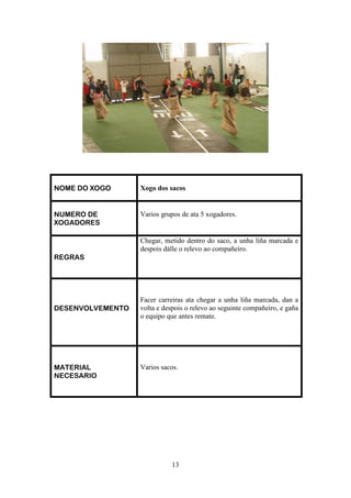 NOME DO XOGO      Xogo dos sacos


NUMERO DE         Varios grupos de ata 5 xogadores.
XOGADORES

                  Chegar, metido dentro do saco, a unha liña marcada e
                  despois dálle o relevo ao compañeiro.
REGRAS




                  Facer carreiras ata chegar a unha liña marcada, dan a
DESENVOLVEMENTO   volta e despois o relevo ao seguinte compañeiro, e gaña
                  o equipo que antes remate.




MATERIAL          Varios sacos.
NECESARIO




                             13
 