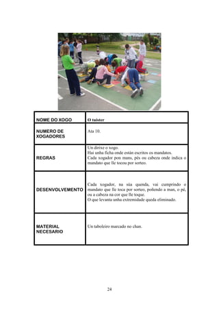 NOME DO XOGO           O tuister

NUMERO DE              Ata 10.
XOGADORES

                       Un dirixe o xogo.
                       Hai unha ficha onde están escritos os mandatos.
REGRAS                 Cada xogador pon mans, pés ou cabeza onde indica o
                       mandato que lle tocou por sorteo.



                Cada xogador, na súa quenda, vai cumprindo o
DESENVOLVEMENTO mandato que lle toca por sorteo, poñendo a man, o pé,
                ou a cabeza na cor que lle toque.
                O que levanta unha extremidade queda eliminado.




MATERIAL               Un taboleiro marcado no chan.
NECESARIO




                                   24
 