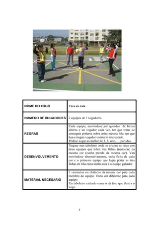 NOME DO XOGO             Tres en raia


NUMERO DE XOGADORES 2 equipos de 3 xogadores.

                         Cada equipo, movéndose por quendas de forma
                         alterna e un xogador cada vez, ten que tratar de
REGRAS                   conseguir poñerse sobre unha mesma liña sen que
                         haxa ningún xogador contrario intercalado.
                         Pódese xogar ao mellor de 3, 5, sete, … partidas.
                         Xogase nun taboleiro onde se cruzan as raias con
                         dous equipos que teñen tres fichas (nenos/as) da
                         mesma cor (cunha prenda da mesma cor). Van
DESENVOLVEMENTO          movéndose alternativamente, unha ficha de cada
                         cor e o primeiro equipo que logra poñer as tres
                         fichas en liña recta nunha raia é o equipo gañador.

                         3 camisetas ou chalecos da mesma cor para cada
                         membro do equipo. Unha cor diferente para cada
MATERIAL NECESARIO       equipo
                         Un taboleiro cadrado coma o da foto que ilustra o
                         xogo.




                                5
 