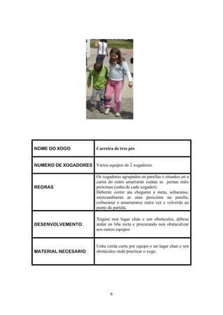 NOME DO XOGO              Carreira de tres pés


NUMERO DE XOGADORES Varios equipos de 2 xogadores.

                          Os xogadores agrupados en parellas e situados un a
                          carón do outro amarrarán xuntas as pernas máis
REGRAS                    próximas (unha de cada xogador).
                          Deberán correr ata chegaren á meta, soltaranse,
                          intercambiarán as súas posicións na parella,
                          ceibaranse e amarraranse outra vez e volverán ao
                          punto de partida.

                          Xógase nun lugar chan e sen obstáculos, débese
DESENVOLVEMENTO           andar en liña recta e procurando non obstaculizar
                          aos outros equipos


                          Unha corda curta por equipo e un lugar chan e sen
MATERIAL NECESARIO        obstáculos onde practicar o xogo.




                                 6
 