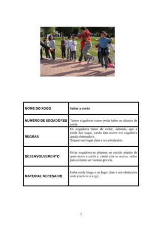 NOME DO XOGO               Saltar a corda


NUMERO DE XOGADORES Tantos xogadores como poida haber ao alcance da
                    corda.
                    Os xogadores tratan de evitar, saltando, que a
                    corda lles toque, cando isto ocorre o/a xogador/a
REGRAS              queda eliminado/a.
                    Xógase nun lugar chan e sen obstáculos.


                           Os/as xogadores/as póñense en círculo arredor de
DESENVOLVEMENTO            quen mova a corda e, cando esta se acerca, saltan
                           para evitaren ser tocados por ela.


                           Unha corda longa e un lugar chan e sen obstáculos
MATERIAL NECESARIO         onde practicar o xogo.




                                  7
 