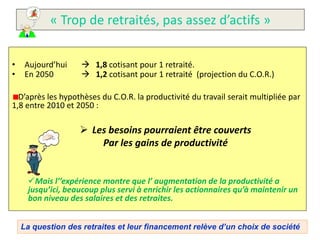 « Trop de retraités, pas assez d’actifs »


•    Aujourd’hui     1,8 cotisant pour 1 retraité.
•    En 2050         1,2 cotisant pour 1 retraité (projection du C.O.R.)

  D’après les hypothèses du C.O.R. la productivité du travail serait multipliée par
1,8 entre 2010 et 2050 :

                    Les besoins pourraient être couverts
                       Par les gains de productivité


     Mais l’’expérience montre que l’ augmentation de la productivité a
     jusqu’ici, beaucoup plus servi à enrichir les actionnaires qu’à maintenir un
     bon niveau des salaires et des retraites.


    La question des retraites et leur financement relève d’un choix de société
 