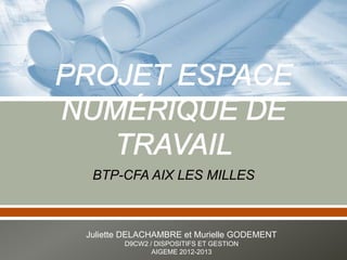 BTP-CFA AIX LES MILLES
Juliette DELACHAMBRE et Murielle GODEMENT
D9CW2 / DISPOSITIFS ET GESTION
AIGEME 2012-2013
 